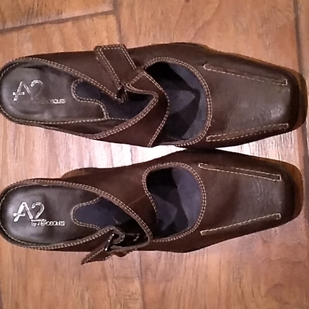 A2 By Aerosoles Two Beauty Brown Leather 3" Heel Mules